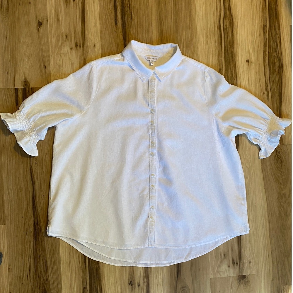 Crown & Ivy White Linen Blend Lined Blouse Smocked Ruffle Sleeve XXL
